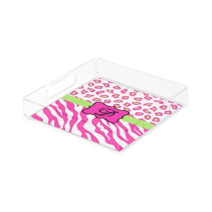 Hot Pink White Zebra Leopard Skin Monogram Initial Acrylic Tray