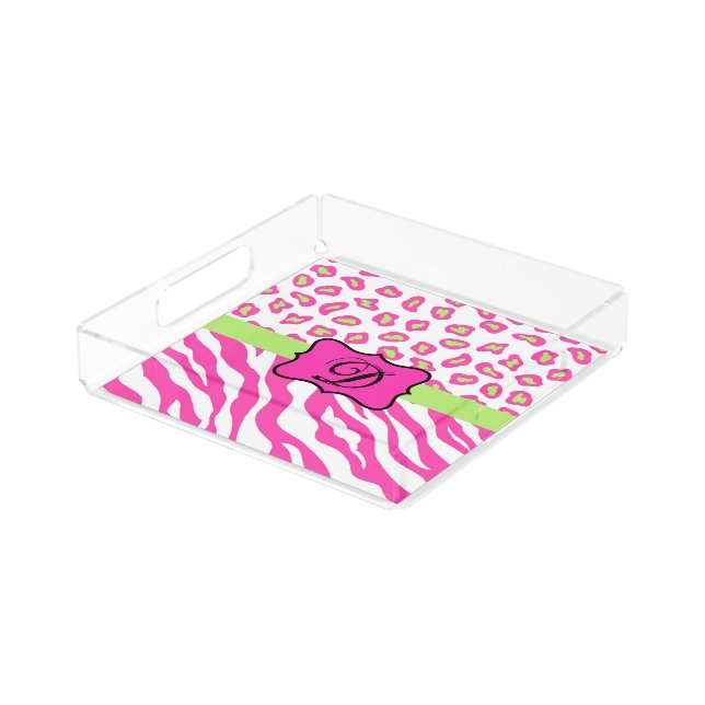 Hot Pink White Zebra Leopard Skin Monogram Initial Acrylic Tray (Angled)