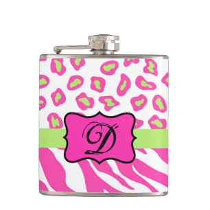 Hot Pink White Zebra Leopard Skin Monogram Initial Hip Flask