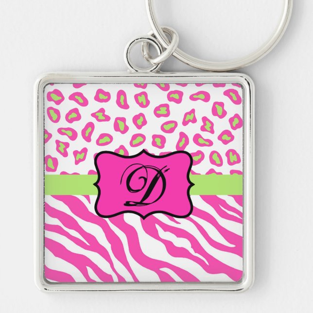 Hot Pink White zebra Leopard Skin Monogram Initial Keychain (Front)