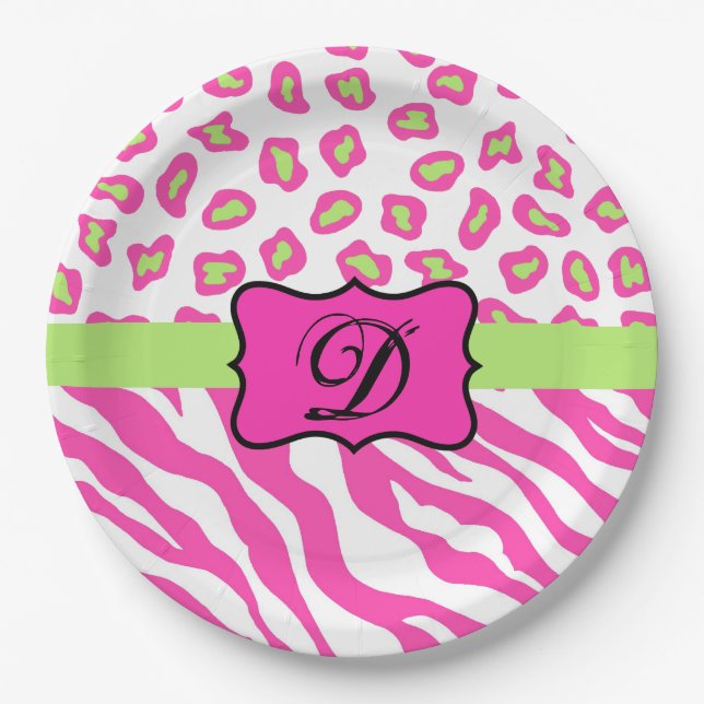 Hot Pink White zebra Leopard Skin Monogram Initial Paper Plates (Front)