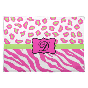 Hot Pink White zebra Leopard Skin Monogram Initial Placemat
