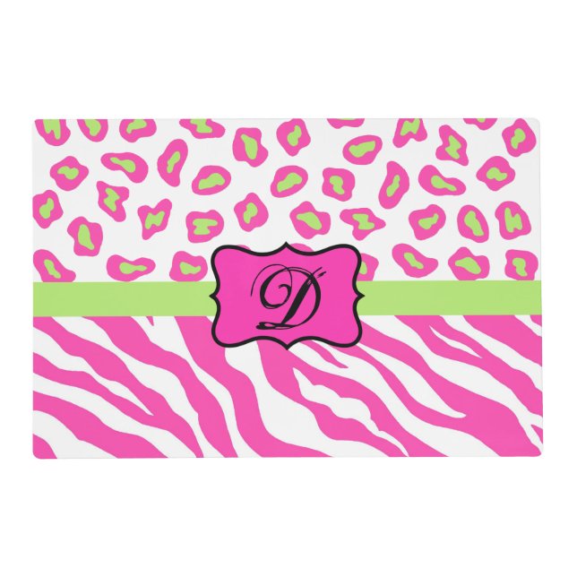 Hot Pink White Zebra Leopard Skin Monogram Initial Placemat (Front)