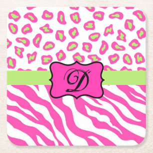 Hot Pink White Zebra Leopard Skin Monogram Initial Square Paper Coaster