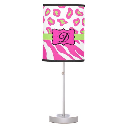 Hot Pink White zebra Leopard Skin Monogram Initial Table Lamp