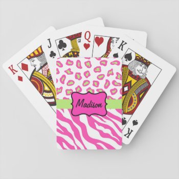 Hot Pink White Zebra Leopard Skin Name Personalize Playing Cards by phyllisdobbs at Zazzle