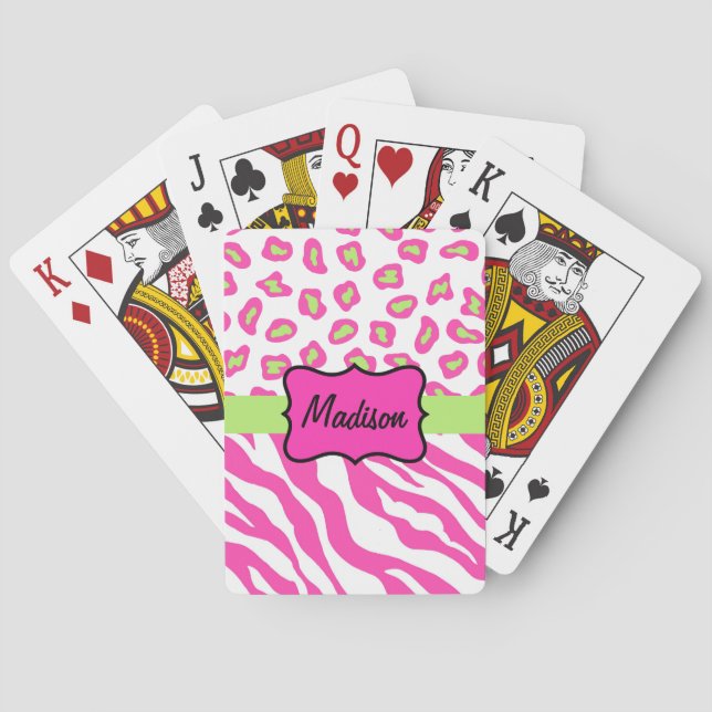Hot Pink White Zebra Leopard Skin Name Personalize Poker Cards (Back)