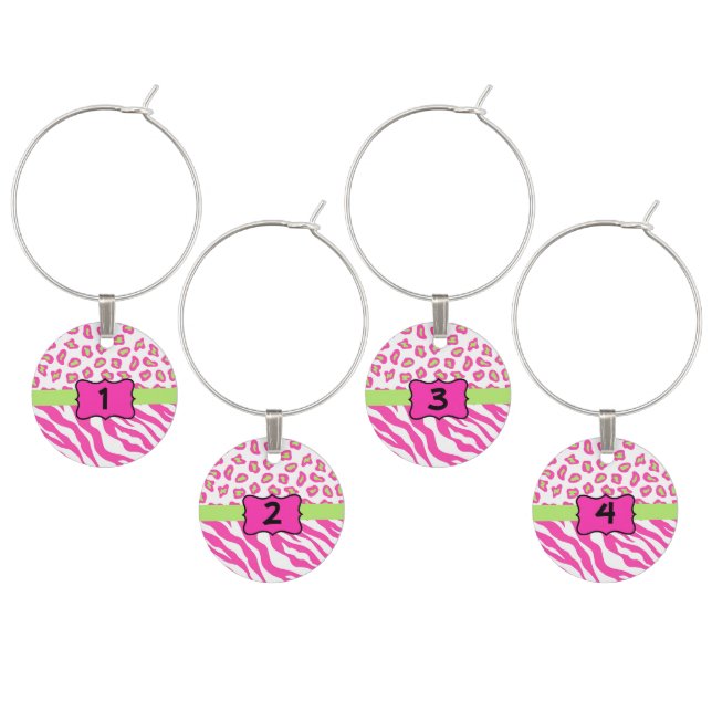Hot Pink White Zebra Leopard Skin Numbered Wine Charm (Staggered)