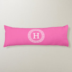 Hot Pink Wht Greek Key Rnd Frame Initial Monogram Body Pillow