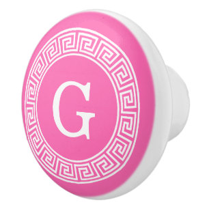Hot Pink Wht Greek Key Rnd Frame Initial Monogram Ceramic Knob