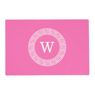 Hot Pink Wht Greek Key Rnd Frame Initial Monogram Placemat