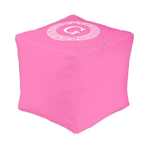 Hot Pink Wht Greek Key Rnd Frame Initial Monogram Pouf