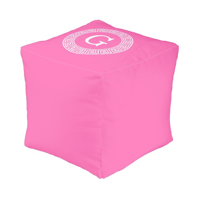 Hot Pink Wht Greek Key Rnd Frame Initial Monogram Pouf (Angled Front)