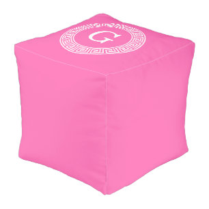 Hot Pink Wht Greek Key Rnd Frame Initial Monogram Pouf