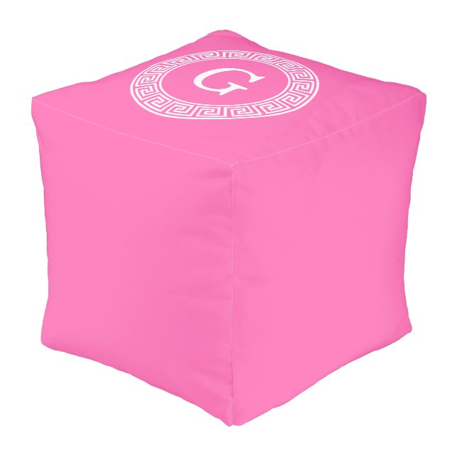 Hot Pink Wht Greek Key Rnd Frame Initial Monogram Pouf (Angled Front)