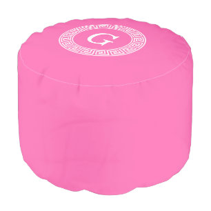 Hot Pink Wht Greek Key Rnd Frame Initial Monogram Pouf