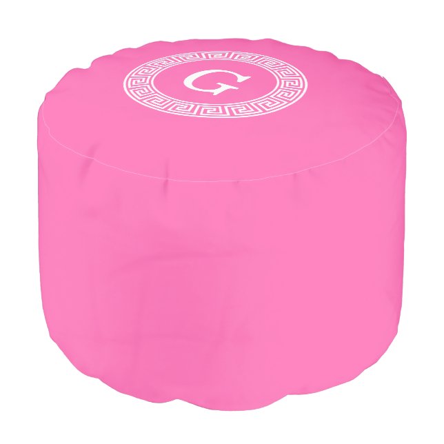 Hot Pink Wht Greek Key Rnd Frame Initial Monogram Pouf (Angled Front)