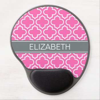Hot Pink Wht Moroccan #6 Charcoal Name Monogram Gel Mouse Pad by FantabulousCases at Zazzle
