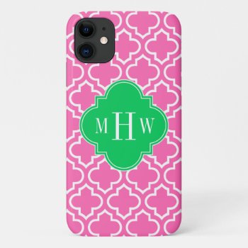 Hot Pink Wht Moroccan #6 Emerald Green 3i Monogram Iphone 11 Case by FantabulousCases at Zazzle