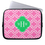 Hot Pink Wht Moroccan #6 Emerald Green 3i Monogram Laptop Sleeve at Zazzle