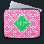 Hot Pink Wht Moroccan #6 Emerald Green 3I Monogram Laptop Sleeve<br><div class="desc">Hot Pink #2 and White Moroccan Quatrefoil Trellis Pattern #6,  Emerald Green 3 Initial Monogram  =========

 Customize this with your 3 initial monogram,  name or other text.   You can also change the font,  adjust the font size and font color,  move the text to adjust the monogram letter spacing,  etc.</div>