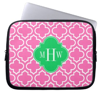 Hot Pink Wht Moroccan #6 Emerald Green 3i Monogram Laptop Sleeve by FantabulousCases at Zazzle