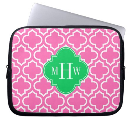 Hot Pink Wht Moroccan #6 Emerald Green 3i Monogram Laptop Sleeve