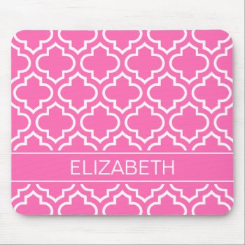 Hot Pink Wht Moroccan #6 Hot Pink Name Monogram Mouse Pad by FantabulousCases at Zazzle