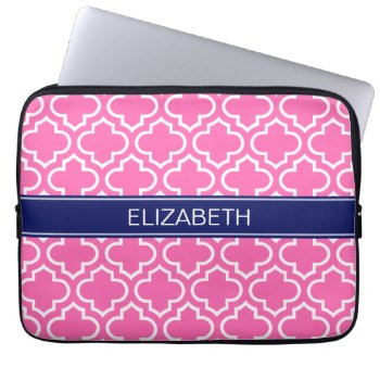 Hot Pink Wht Moroccan #6 Navy Blue Name Monogram Laptop Sleeve by FantabulousCases at Zazzle