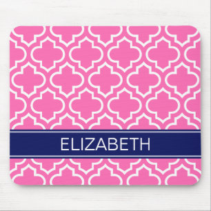 Hot PInk Wht Moroccan #6 Navy Blue Name Monogram Mouse Pad
