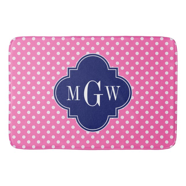Hot Pink Wht Polka Dots Navy Quatrefoil 3 Monogram Bathroom Mat (Front)