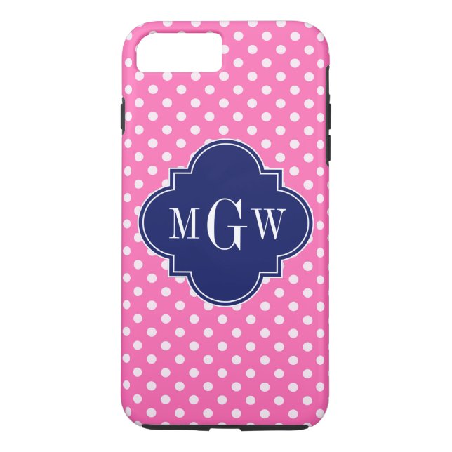 Hot Pink Wht Polka Dots Navy Quatrefoil 3 Monogram Case-Mate iPhone Case (Back)