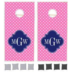 Hot Pink Wht Polka Dots Navy Quatrefoil 3 Monogram Cornhole Set