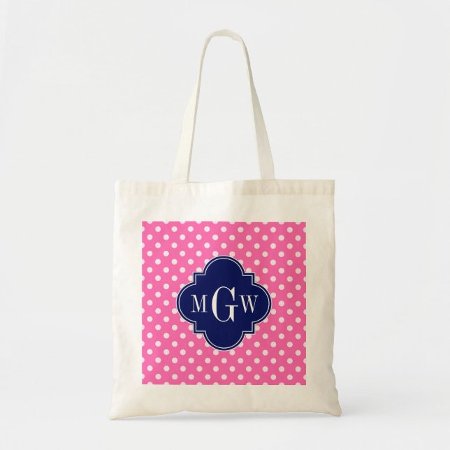 Hot Pink Wht Polka Dots Navy Quatrefoil 3 Monogram Tote Bag (Front)