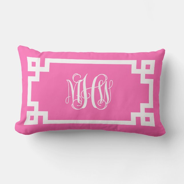Hot Pink Wht Vine Script Monogram Greek Key DIY BG Lumbar Pillow (Front)