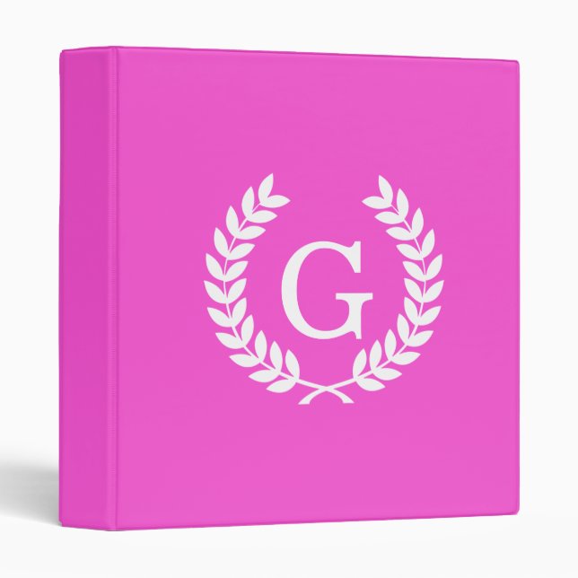 Hot Pink Wht Wheat Laurel Wreath Initial Monogram 3 Ring Binder (Front/Spine)