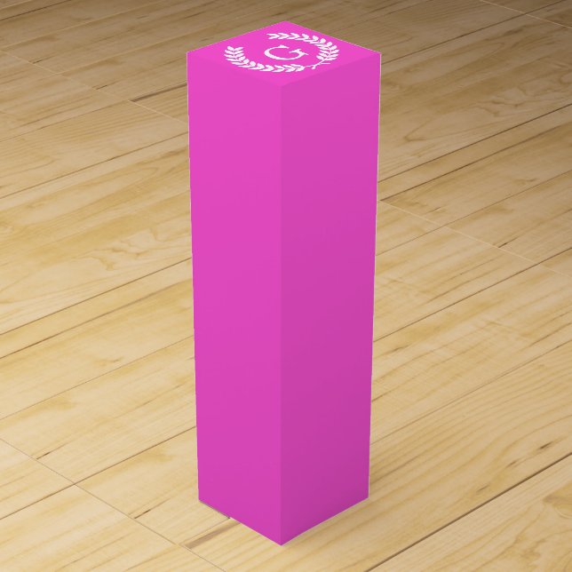 Hot Pink Wht Wheat Laurel Wreath Initial Monogram Wine Gift Box (Front)