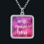 Hot Pink Wife Mom Boss Babe Bold Script Typography Silver Plated Necklace<br><div class="desc">“Wife. Mom. Boss.” You know she runs the household and keeps everyone in line. Gift her this colorful, sassy charm necklace so she can wear it with pride. With bold, white handwriting script on a purple pink bokeh background, this fun necklace will make a strong statement wherever she goes. This...</div>