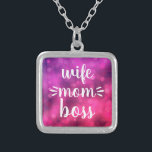 Hot Pink Wife Mom Boss Babe Bold Script Typography Silver Plated Necklace<br><div class="desc">“Wife. Mom. Boss.” You know she runs the household and keeps everyone in line. Gift her this colorful, sassy charm necklace so she can wear it with pride. With bold, white handwriting script on a purple pink bokeh background, this fun necklace will make a strong statement wherever she goes. This...</div>