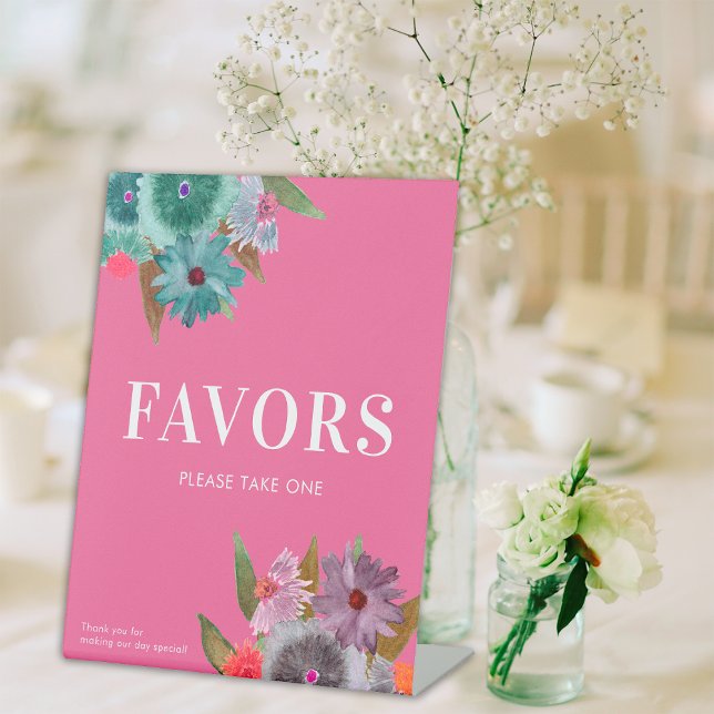Hot Pink Wildflower Wedding Favors Please Take One Pedestal Sign (Creator Uploaded)