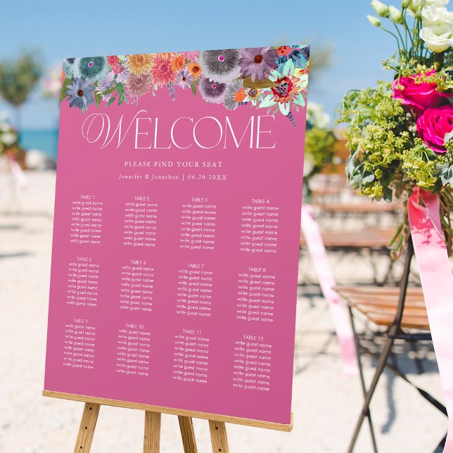 Hot Pink Wildflowers Photo Wedding Seating Chart Foam Board (Front)