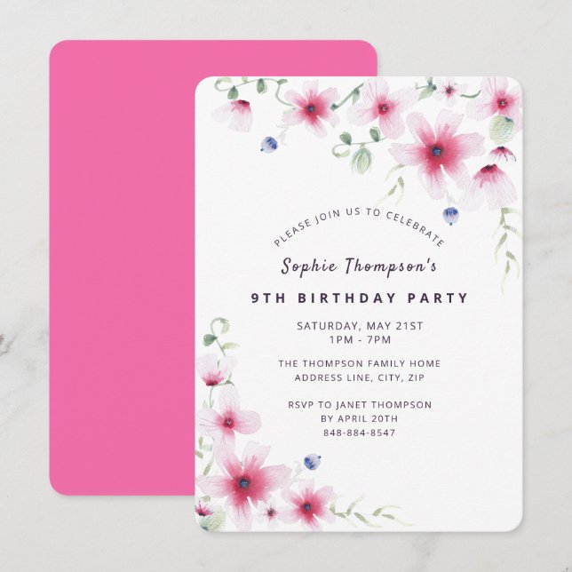 Hot Pink Wildflowers Simple Girly Birthday Party Invitation (Front/Back)
