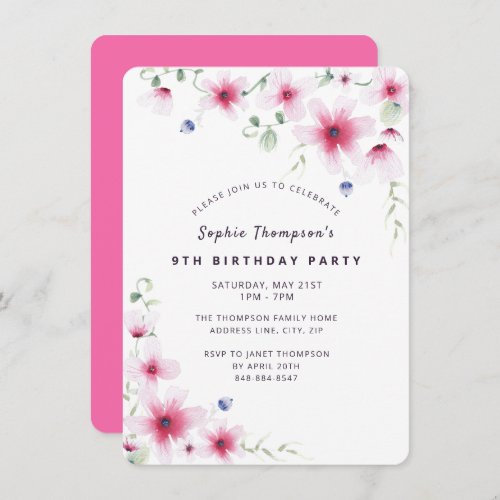 Hot Pink Wildflowers Simple Girly Birthday Party Invitation