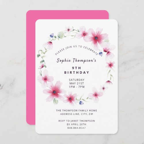 Hot Pink Wildflowers Wreath Girly Birthday Party Invitation