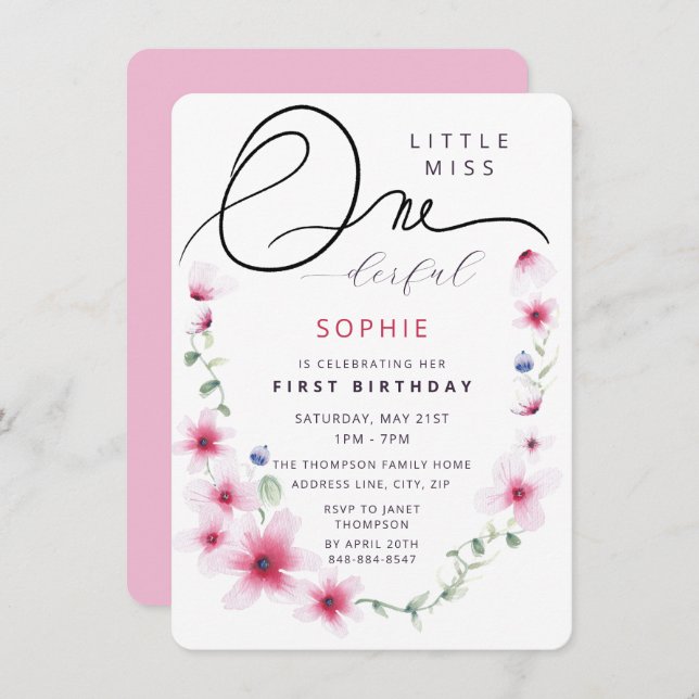 Hot Pink Wildflowers Wreath One-derful Girl Party Invitation (Front/Back)