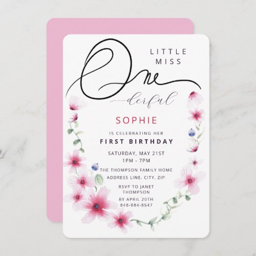 Hot Pink Wildflowers Wreath One_derful Girl Party Invitation