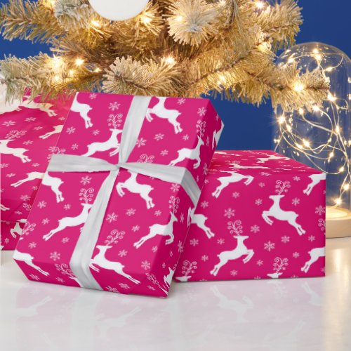 Hot Pink Winter Christmas Reindeer Wrapping Paper