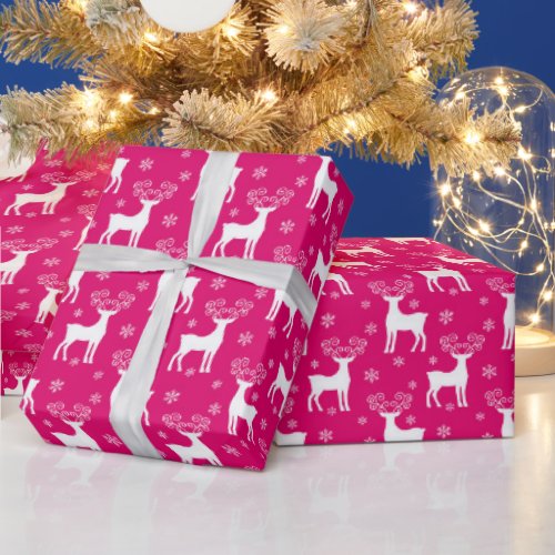 Hot Pink Winter Reindeer  Snowflakes Christmas Wrapping Paper