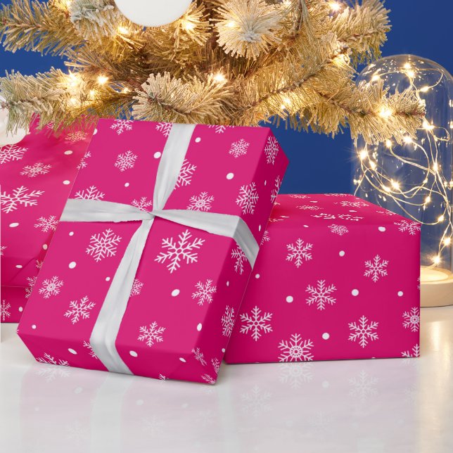 Hot Pink Winter Snowflakes Christmas Wrapping Paper (Holidays)