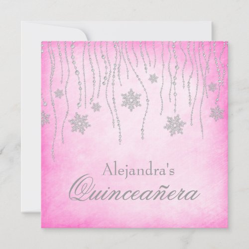 Hot Pink Winter Wonderland Snowflakes Quinceanera Invitation